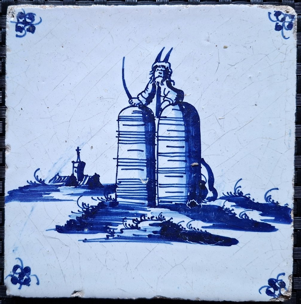 Cserép - Régi Delfti kék csempe Mózessel, a kőtáblákkal. - 1650-1700 #3.2
