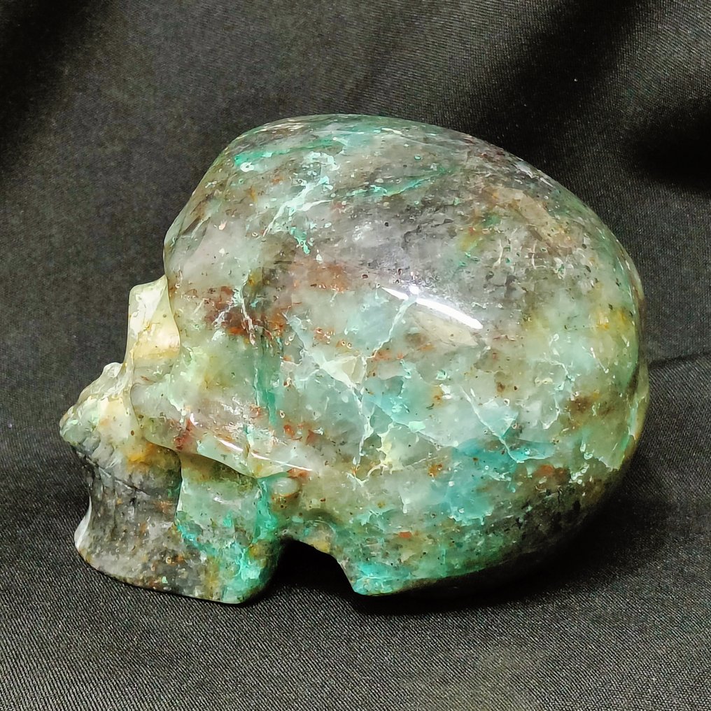 Chrysocolla Außergewöhnlicher handgeschnitzter menschlicher Schädel aus Crisocola-Glas - Höhe: 128 mm - Breite: 97 mm- 1166 g #1.0