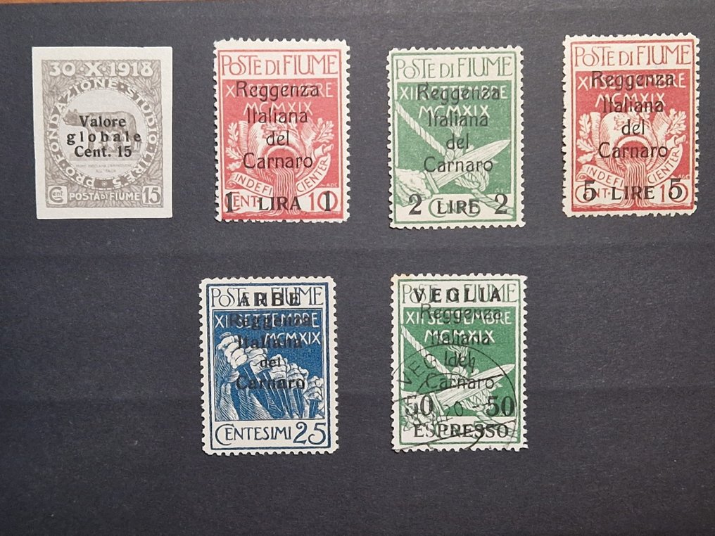 Ριέκα 1920 - Φιούμε. Ενδιαφέρον σύνολο γραμματοσήμων με σφραγίδες και χρησιμοποιημένα. Sassone 101l, 143/5, Arbe - Sassone Fiume 101l, 143/5, Arbe 8, Veglia Ex 2 #1.0