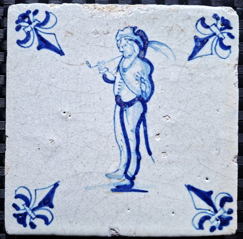  瓷磚 - 古董荷兰蓝瓷砖配烟斗男 - 1600-1650  #1.0