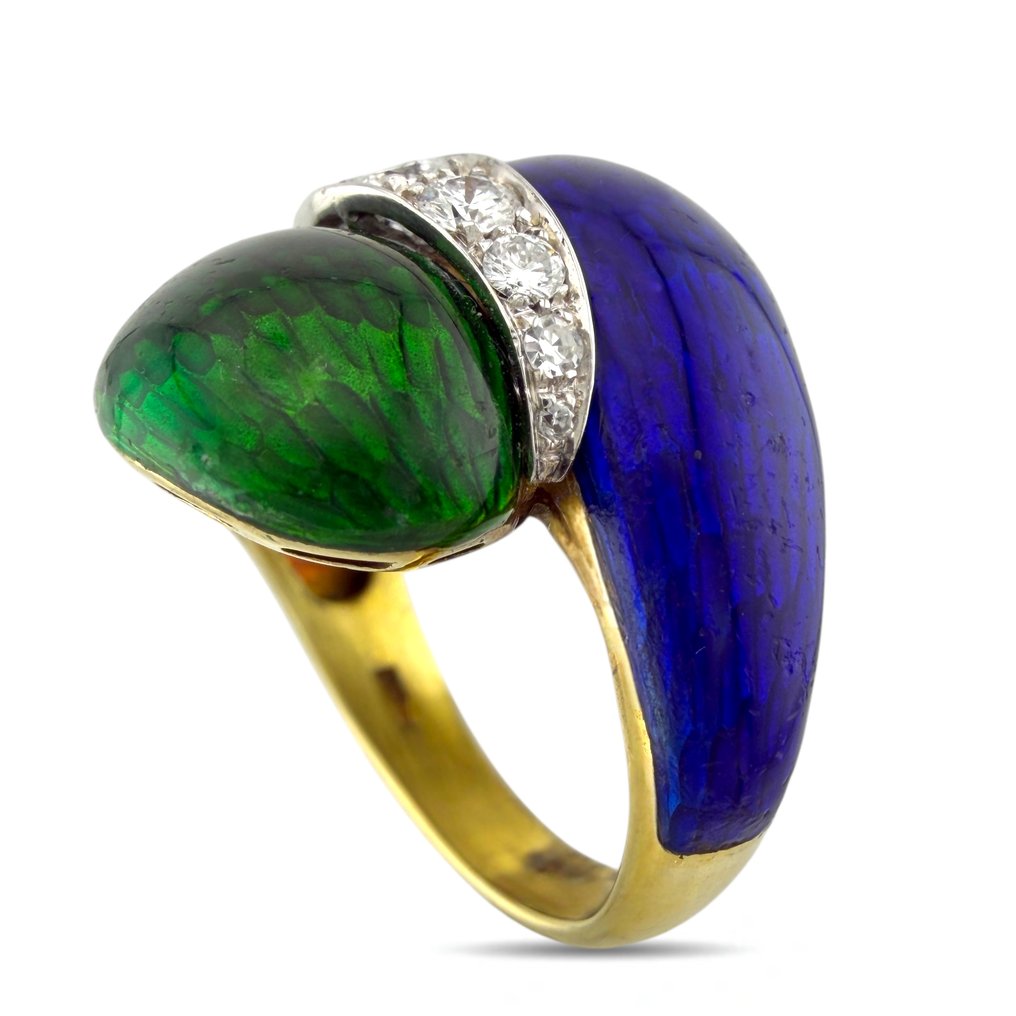 戒指 - 18 克拉 黃金, 独家18K黄金0.27克拉钻石、蓝色和绿色珐琅中心线戒指 -  0.27ct. tw. 鉆石 (天然)  #2.1