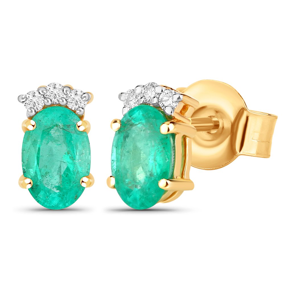 Σκουλαρίκια - 14 καράτια Κίτρινο χρυσό -  0.83ct. tw. Σμαράγδι - Διαμάντι #1.0