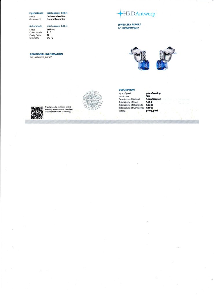 Drop fülbevaló - 14 kt. Fehér arany - 0.91ct. tw. Tanzanit - Gyémánt #2.1
