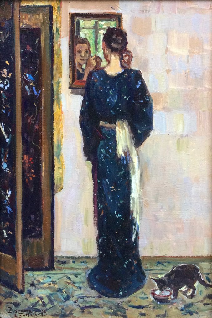 Borgen Lindhardt (1974) - Staand kimono meisje voor spiegel met katje #1.0