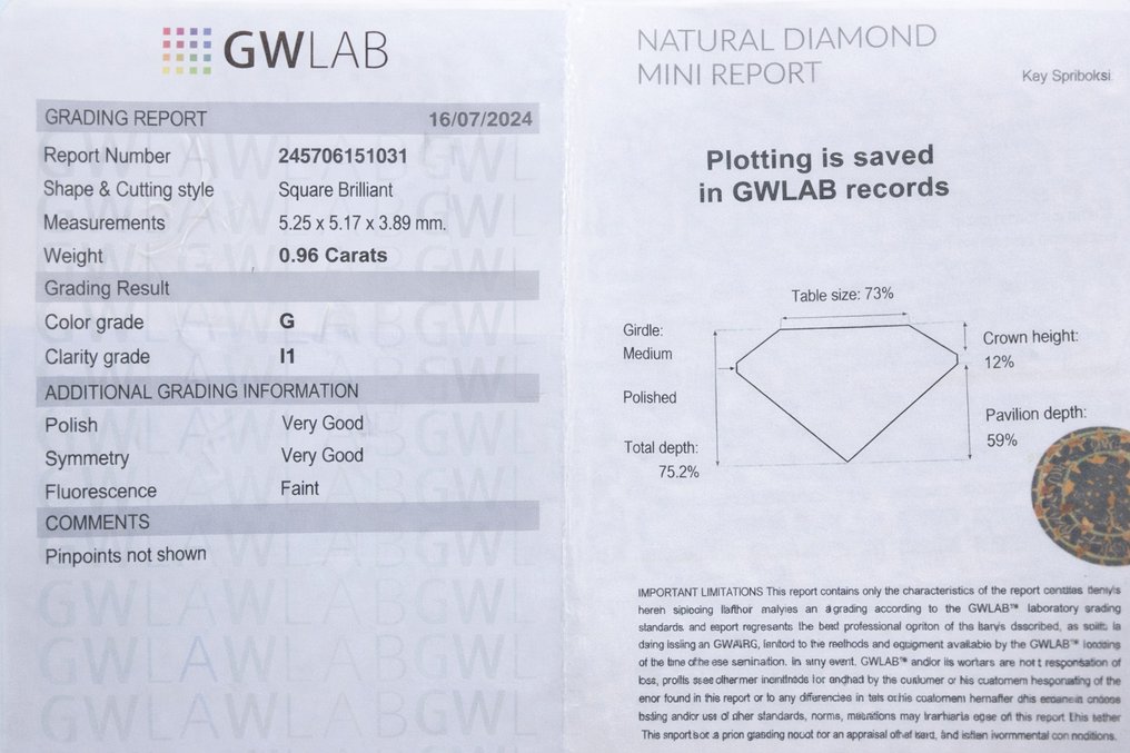 沒有保留價 - 1 pcs 鑽石 (天然) - 0.96 ct - 方形 - G - I1 - Gemewizard Gemological Laboratory (GWLab) #3.2