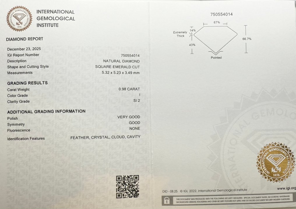 没有保留价 - 1 pcs 钻石  (天然)  - 0.98 ct - 方形 - I - SI2 微内含二级 - 国际宝石研究院（IGI） #2.1