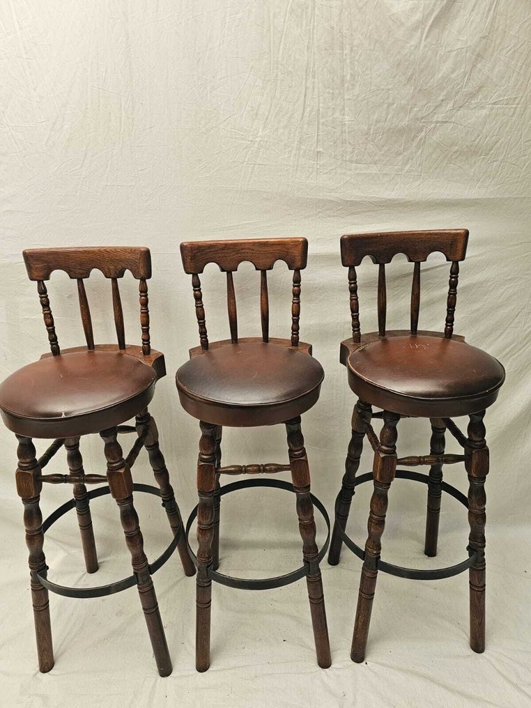 Σκαμνί (3) - Σετ από Αγροτικές Δερμάτινες Σκαμπό Μπαρ - Ξύλο #1.0