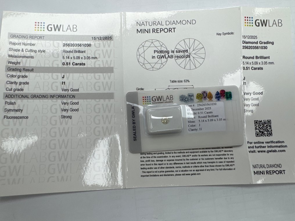 没有保留价 - 1 pcs 钻石  (天然)  - 0.51 ct - 圆形 - J - I1 内含一级 - Gemewizard宝石实验室（GWLab） #3.2