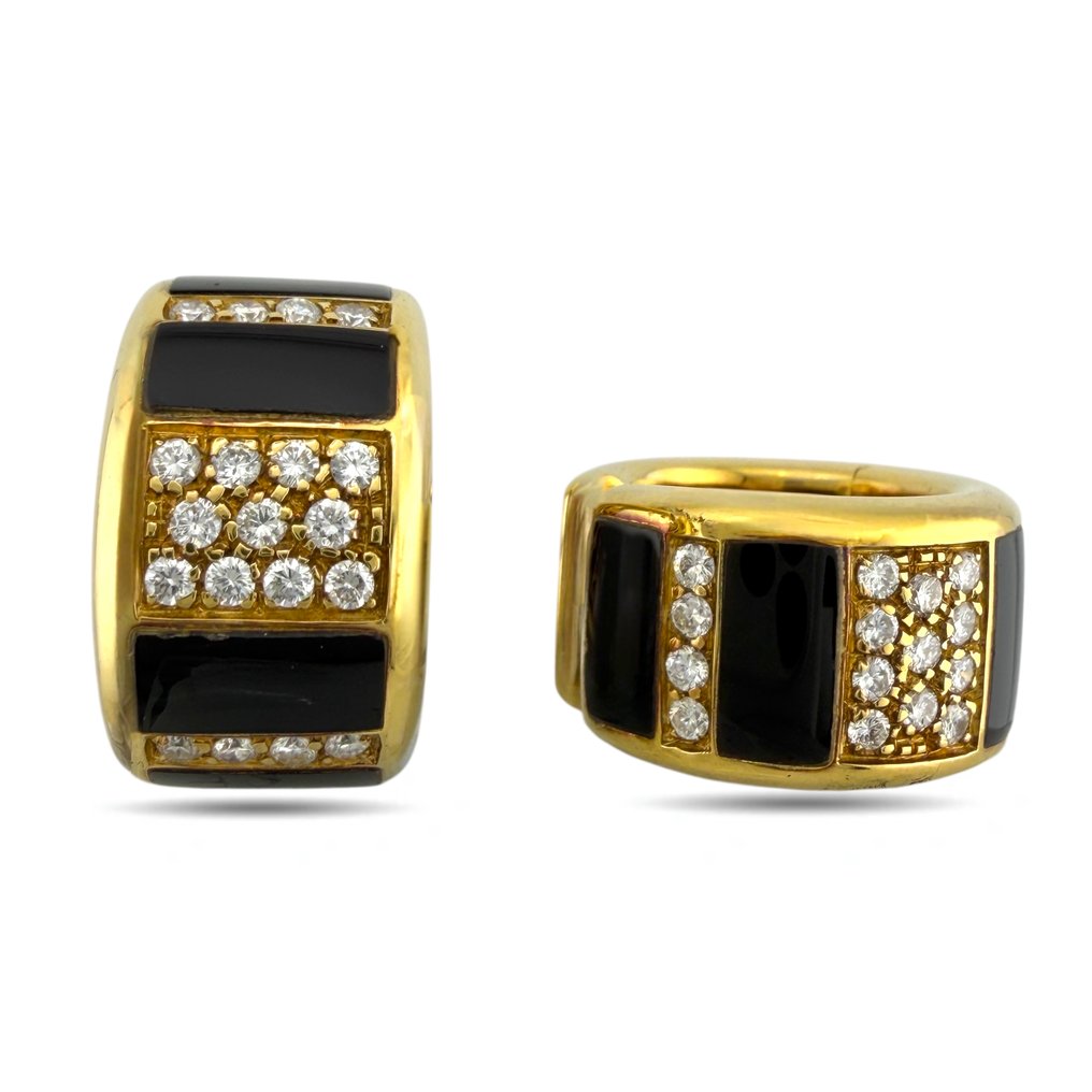 耳環 - 18 克拉 黃金, 独家18K黄金镶0.76克拉钻石与黑色珐琅铰链式环抱耳环 -  0.76ct. tw. 鉆石 (天然)  #1.0