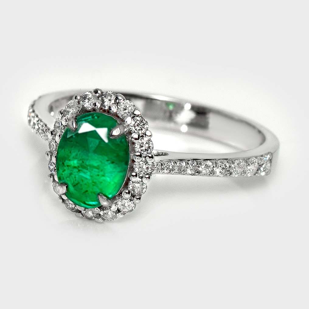 沒有保留價 - 戒指 - 14 克拉 IGI 1.09 克拉赞比亚浓郁绿色, 白金 -  1.50ct. tw. 祖母綠 - 鉆石 #2.1