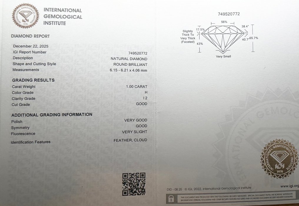 沒有保留價 - 1 pcs 鑽石 (天然) - 1.00 ct - 圓形 - H(次於白色的有色鑽石) - I2 - 國際寶石學院(International Gemological Institute (IGI)) #2.1
