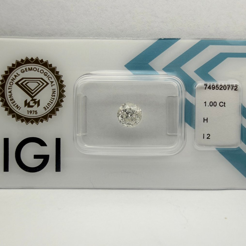 沒有保留價 - 1 pcs 鑽石 (天然) - 1.00 ct - 圓形 - H(次於白色的有色鑽石) - I2 - 國際寶石學院(International Gemological Institute (IGI)) #3.2