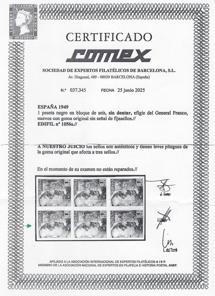 西班牙 1949 - 极为罕见 1 Pta - 未齿-认证 Comex - Edifil nº 1056s #2.1