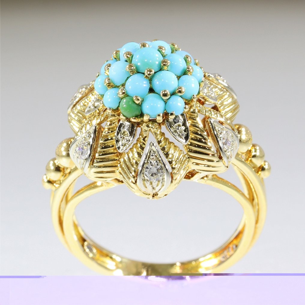 Δαχτυλίδι - 18 καράτια Κίτρινο χρυσό - Διαμάντι - Τυρκουάζ, παλαιό από τη δεκαετία του 1950. #3.2