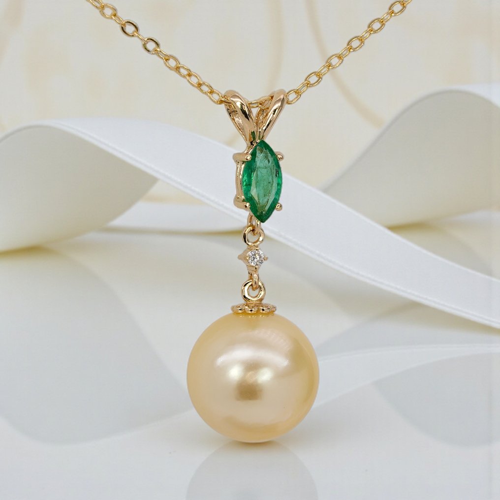 沒有保留價 - 墜飾 - 14 克拉 黃金 祖母綠 - 珍珠 - Emerald, SSP, Diamond #3.2