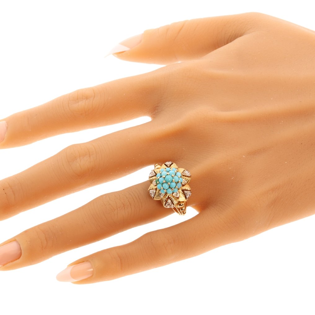 Δαχτυλίδι - 18 καράτια Κίτρινο χρυσό - Διαμάντι - Τυρκουάζ, παλαιό από τη δεκαετία του 1950. #2.1
