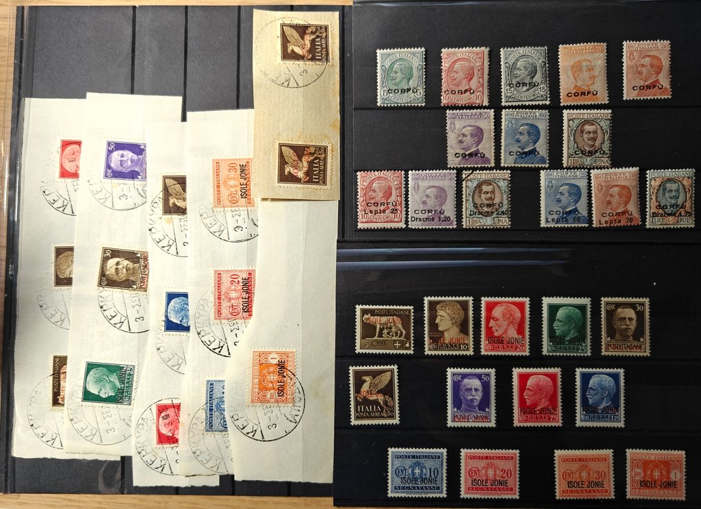 Ελλάδα 1923 - Κέρκυρα επικόλληση σε ιταλικές γραμματόσημες. 3 πλήρη σετ και επικόλληση ISOLE JONIE. - Hellas 1-14 and 315-327 #1.0