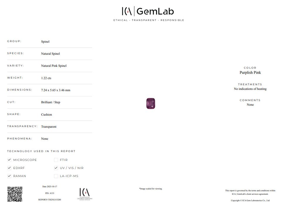 没有保留价 - 1 pcs  粉色, 紫色 尖晶石  - 1.22 ct - 国际有色宝石协会（ICA GemLab） #2.1