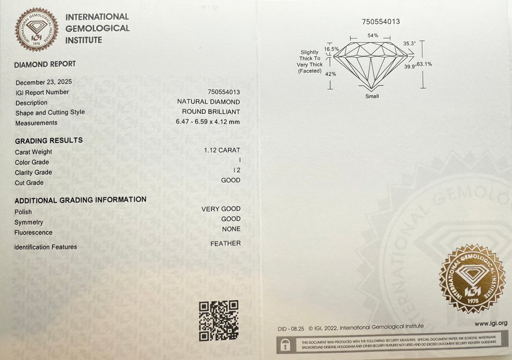 没有保留价 - 1 pcs 钻石  (天然)  - 1.12 ct - 圆形 - I - I2 内含二级 - 国际宝石研究院（IGI） #2.1