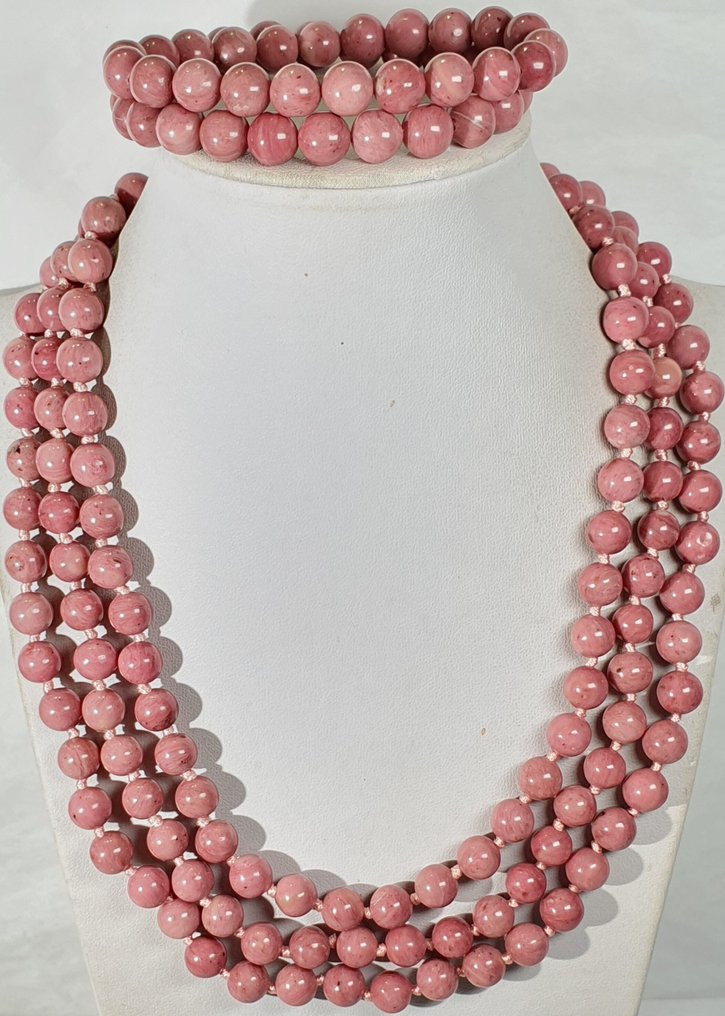 天然罗多尼塔 - 非常罕见 - 爱之能量 - 925纯银 - 2条手链和长项链 - 项链 #1.0