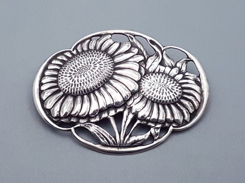 Ασημί, Μεγάλο έργο Art Deco, ηλιοτρόπια. - Καρφίτσα - Hooikaas, Schoonhoven NL. #1.0