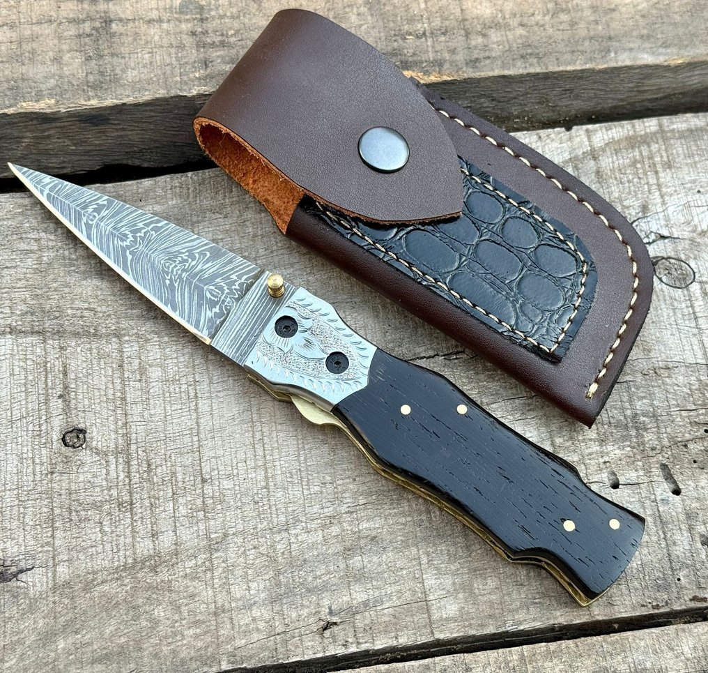 Küchenmesser -  Küchenmesser - Klappmesser - Liner Lock - Wenge-Holz mit Gravur - Leder - ASIEN - Holz - Asien #4.3