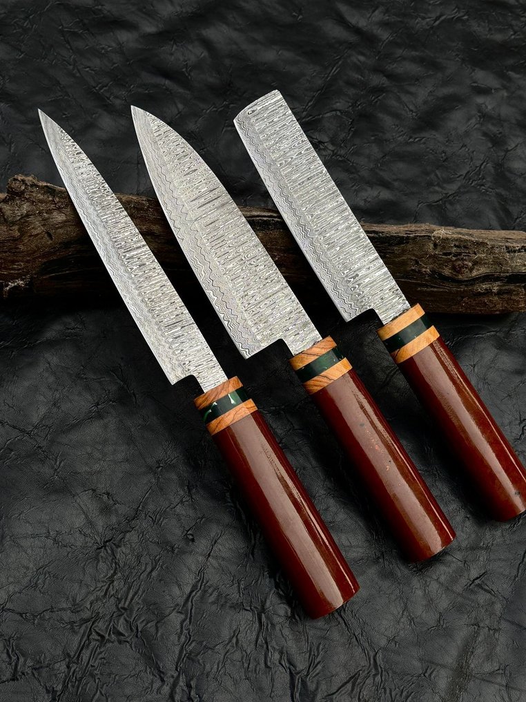 廚刀 -  厨房刀具 - 梯子花纹 - 厨师刀具套装3件 Damascus锻造刀具，Risen手柄 - 木材 - 亞洲 #1.0