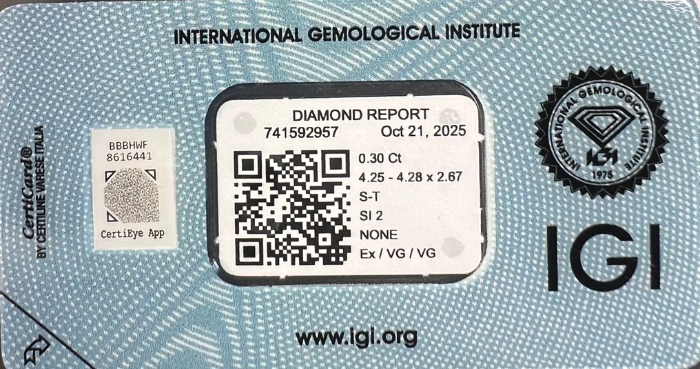 没有保留价 - 1 pcs 钻石  (天然)  - 0.30 ct - 圆形 - SI2 微内含二级 - 国际宝石研究院（IGI） #3.2