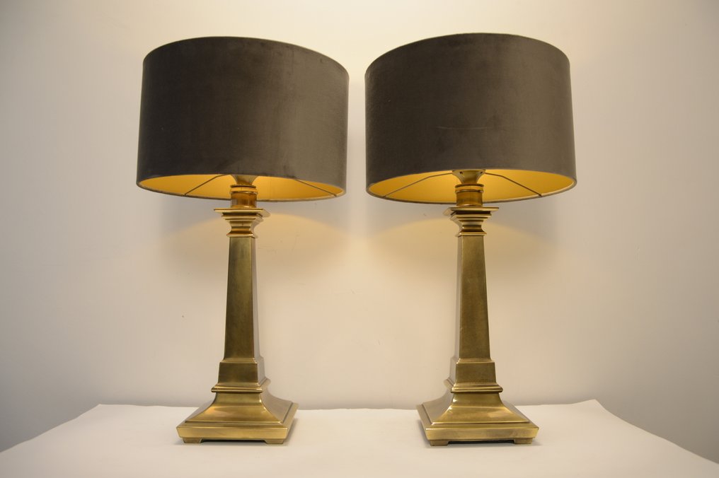 台灯 (2) - 一对重型新古典风格的台灯 - 黄铜, 丝绒 #3.2
