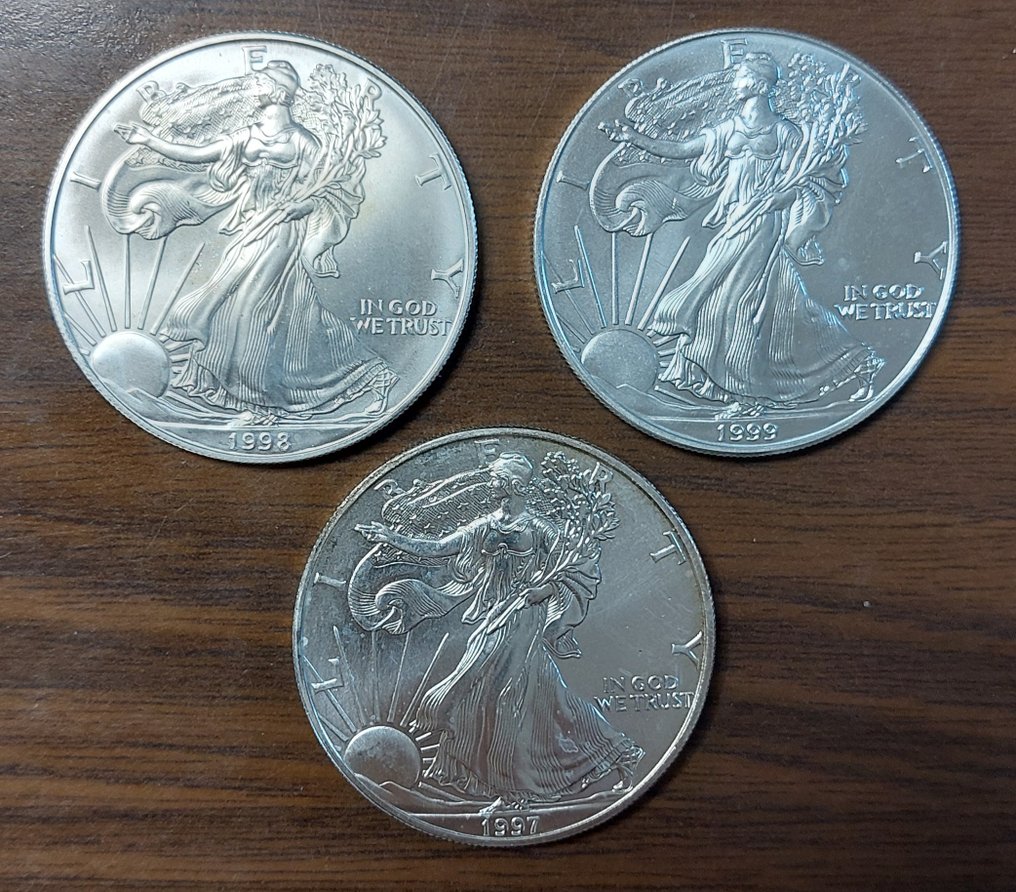 美國. 1 Dollar 1997, 1998, 1999 American Silver Eagle (3 monete)  (沒有保留價) #1.0