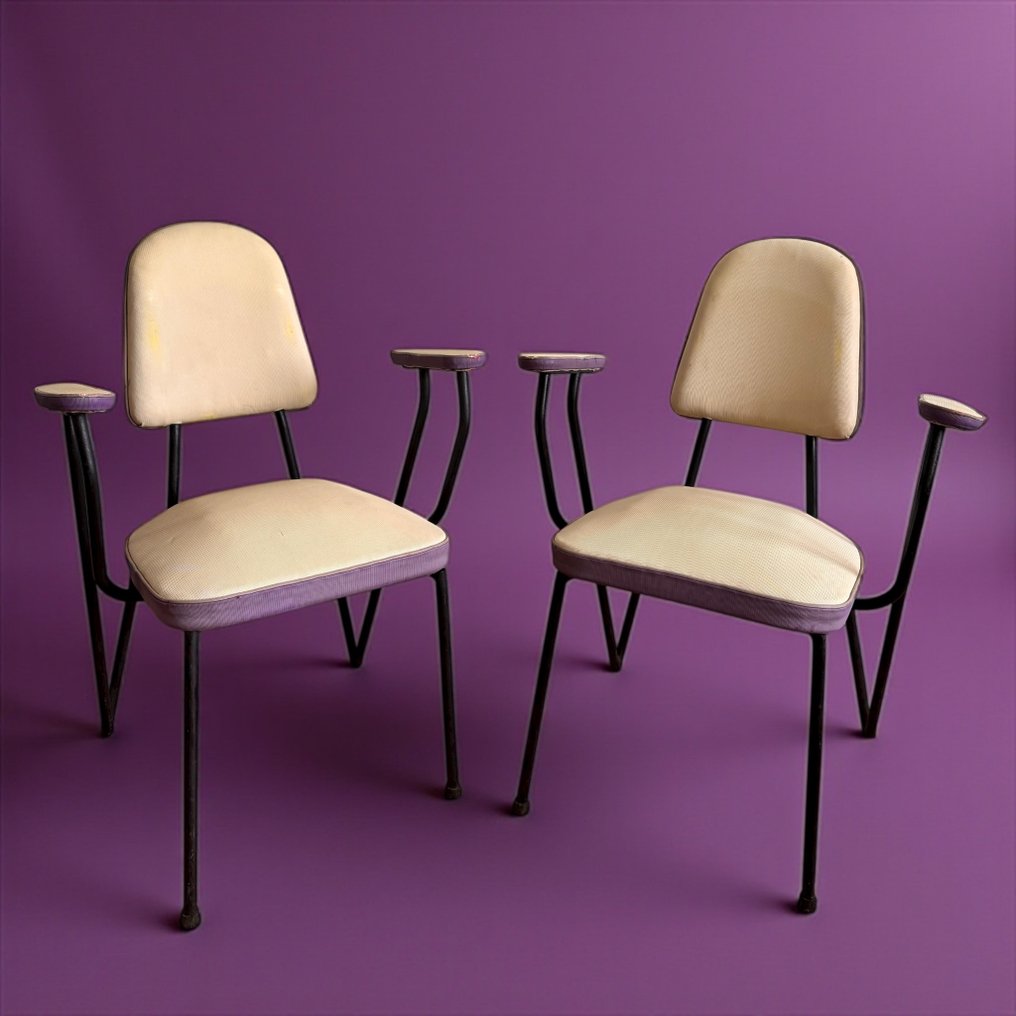 Armchair (2) - Mauve and white - Skaï, Steel - Tubular 60s #1.0