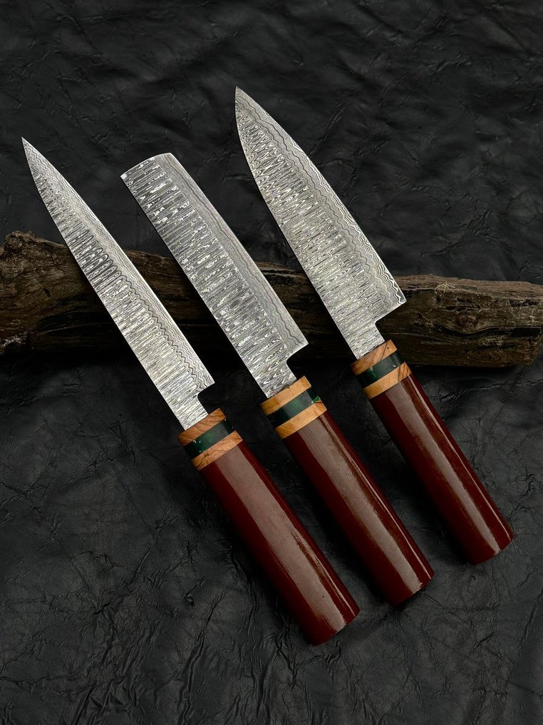 廚刀 -  厨房刀具 - 梯子花纹 - 厨师刀具套装3件 Damascus锻造刀具，Risen手柄 - 木材 - 亞洲 #2.1