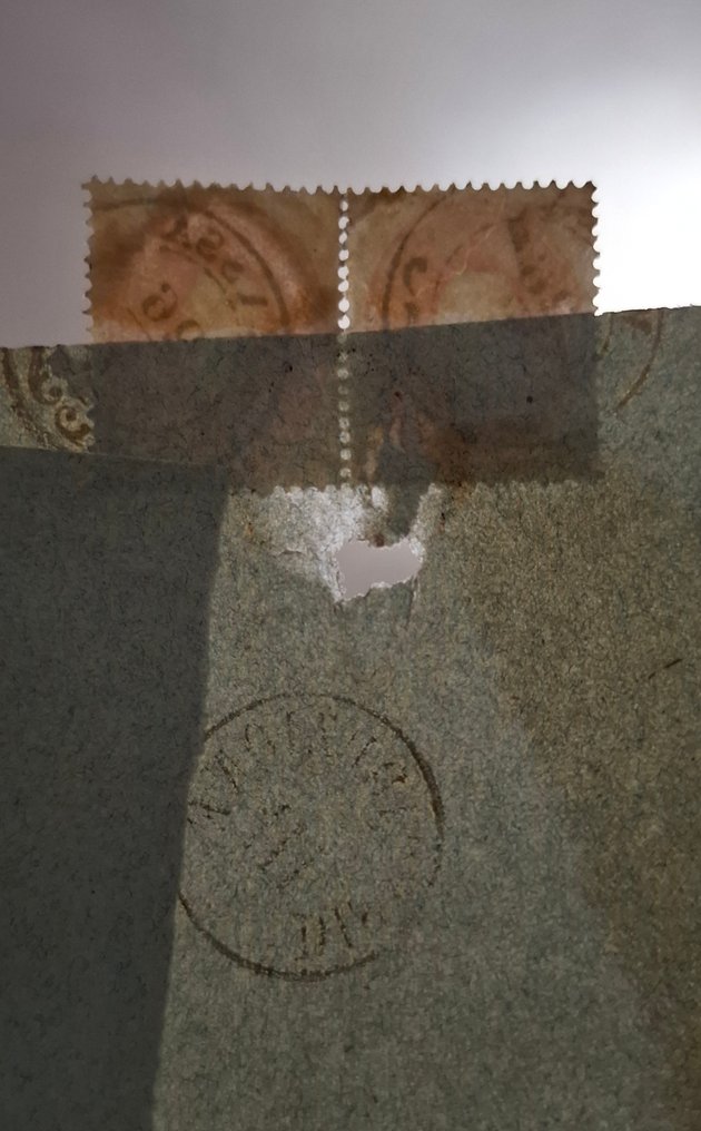 意大利古城邦- Lombardo Veneto 1861 - 从马萨寄到罗维戈的挂号信，正面有三条（5苏达利）条纹，背面有一对。稀有。 #4.3