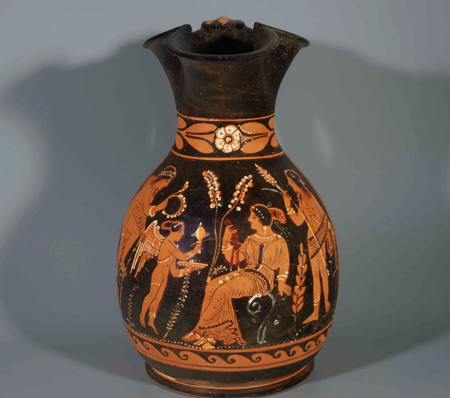 古希腊 陶瓷 带有爱神和阿芙罗狄蒂的奥伊诺刻瓶。测试用。公元前4世纪。高34厘米。归属于Python。 #1.0