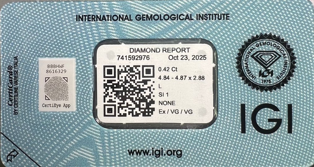 没有保留价 - 1 pcs 钻石  (天然)  - 0.42 ct - 圆形 - L - SI1 微内含一级 - 国际宝石研究院（IGI） #3.2