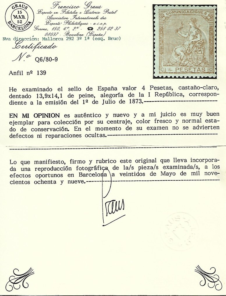 Spagna 1873 - 4 ptas ben centrato certificato gradi - Edifil 139 #1.0
