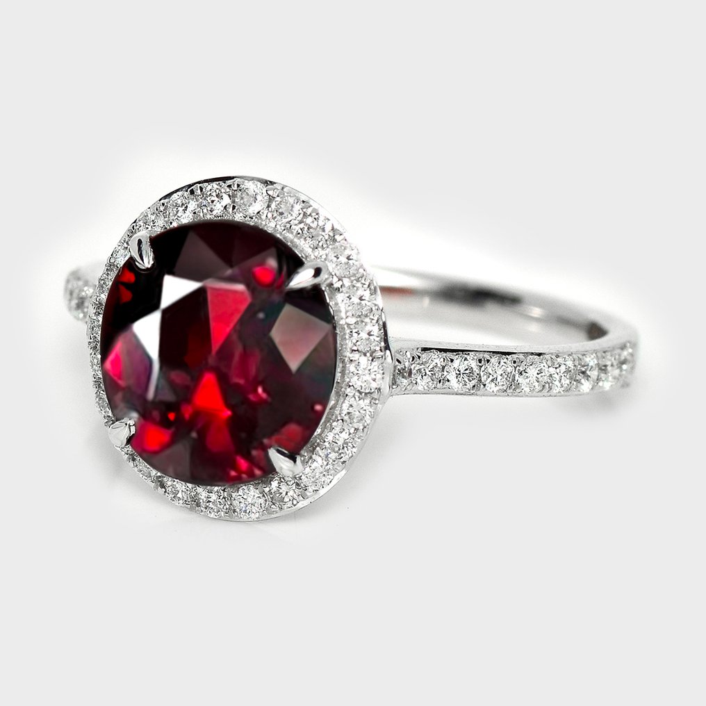 没有保留价 - 订婚戒指 - 14K包金 白金, HRD 3.18 克拉未处理红色 -  3.53ct. tw. 石榴石 - 钻石 #2.1