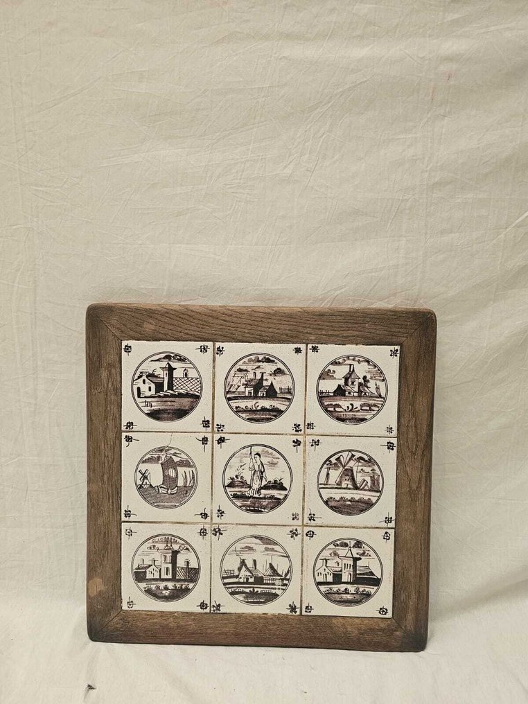 Αντικείμενο από κεραμικό πλακάκι με οβάλ εικόνες (παράδοση Delft, 18ος/19ος αιώνας) - Πλάκα - Κεραμικό, Ξύλο #1.0