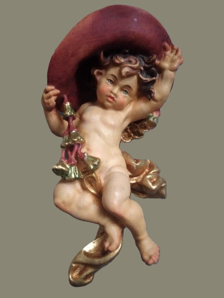 Σκάλισμα, farbiger Engel  mit rotem Hut  - Kardinalsengel   Putto Putte - Heiligenfigur - Wandfigur - 17 cm - Ξύλο - 1980 #3.2