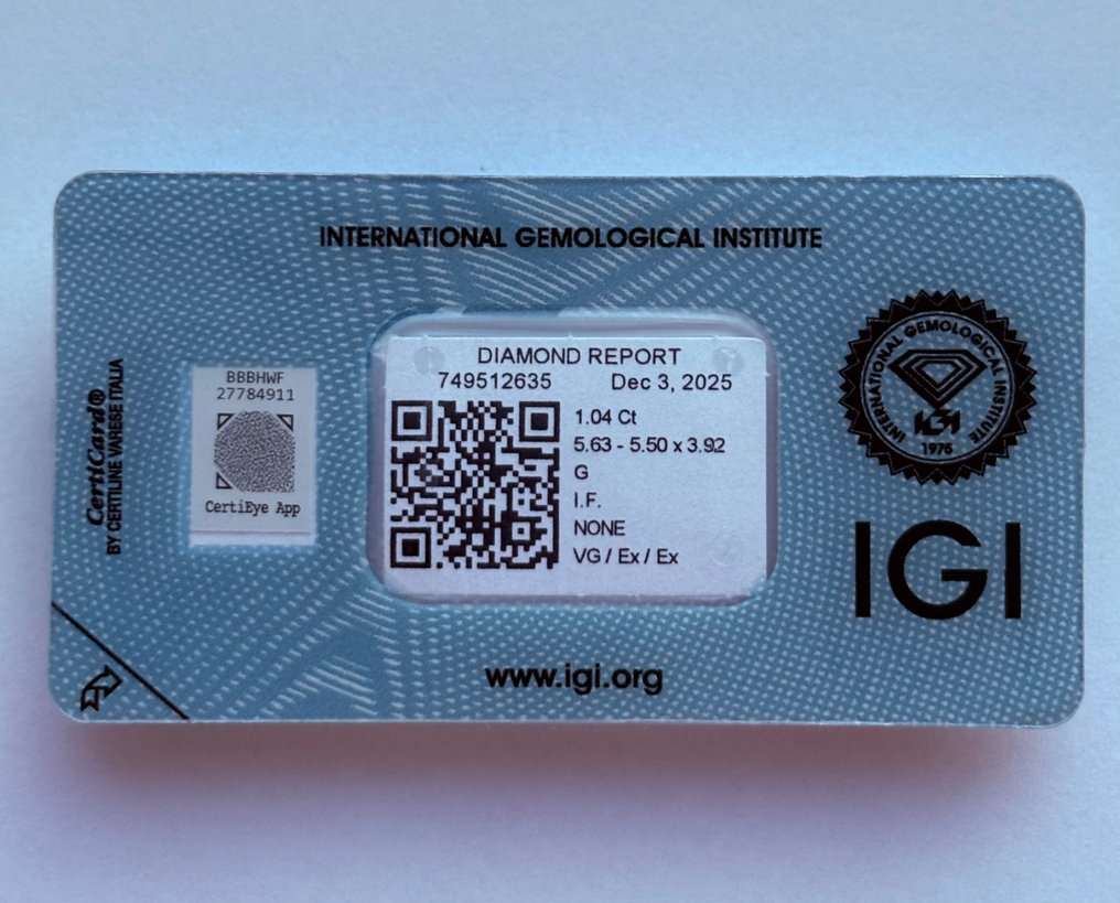 没有保留价 - 1 pcs 钻石  (天然)  - 1.04 ct - 枕形 - G - IF - 国际宝石研究院（IGI） #1.0