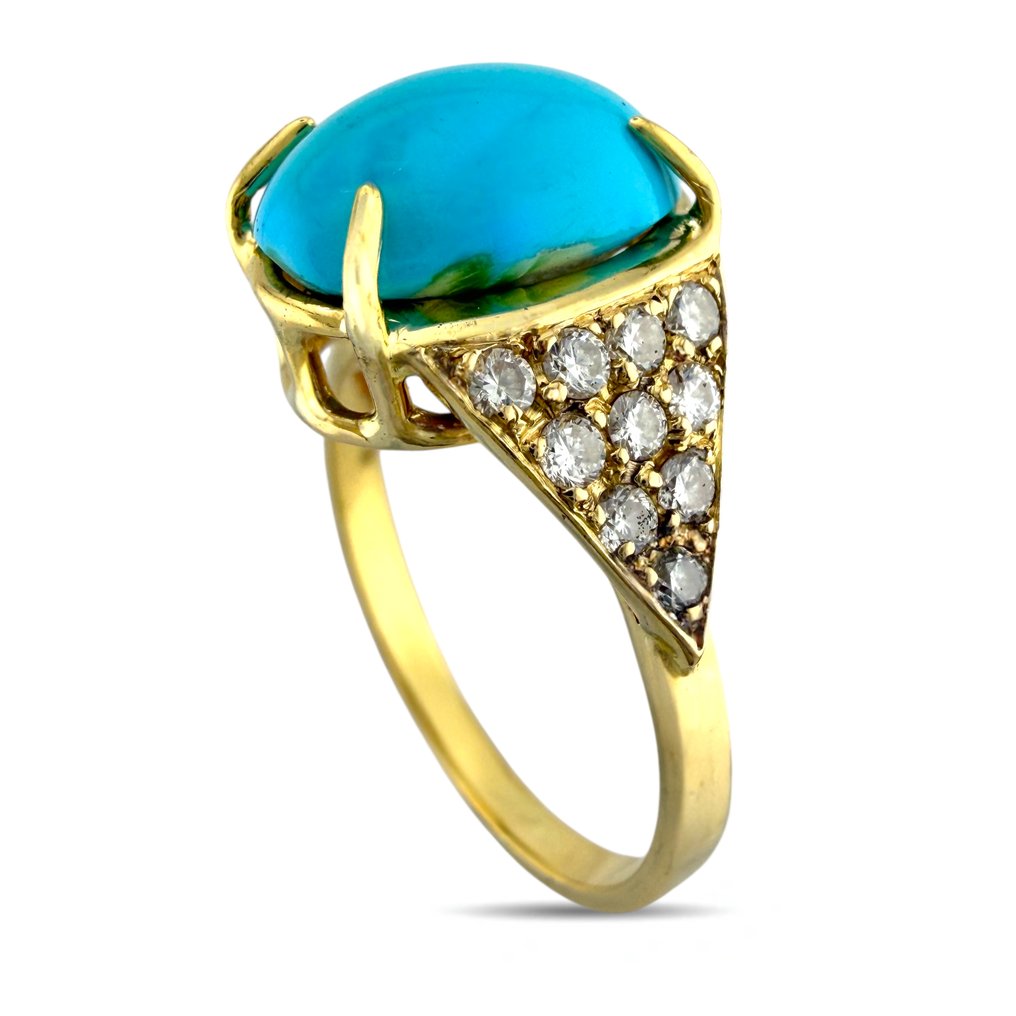 戒指 - 18K包金 黄金, 独家18K黄金绿松石与0.60克拉钻石戒指 -  0.60ct. tw. 钻石 (天然)  #4.3