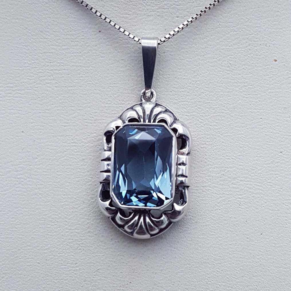 銀, Art Deco，蓝色尖晶石（已测试） - 吊墜頸鏈 #4.3