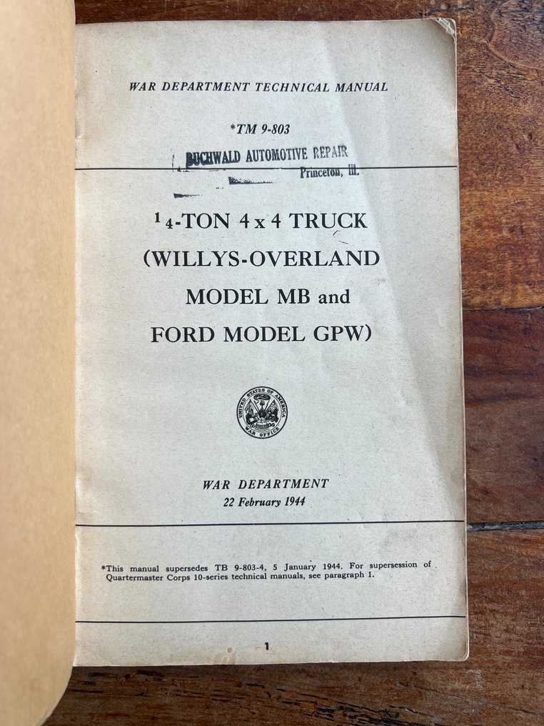 US Army Willys Jeep Mechanic Handbook - For Model MB / Ford Model GPW - TM9-803 - 1944 #2.1