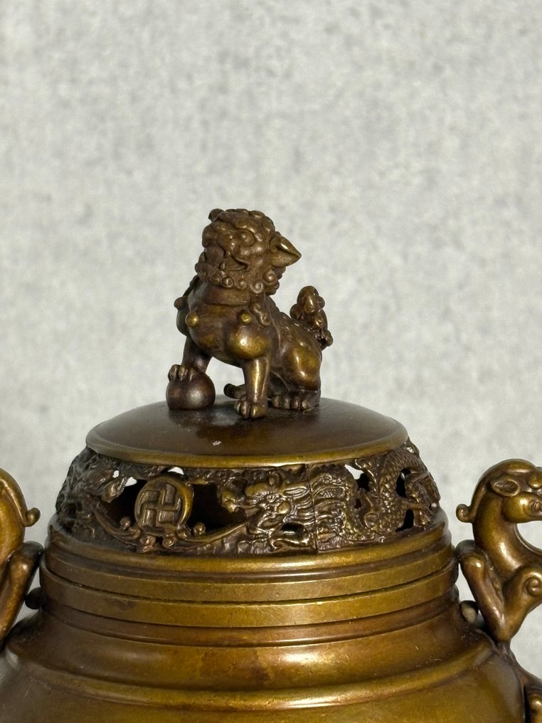 石狮子 / 龙香炉 - 黄铜色 - 中国 - Late 20th century #1.0