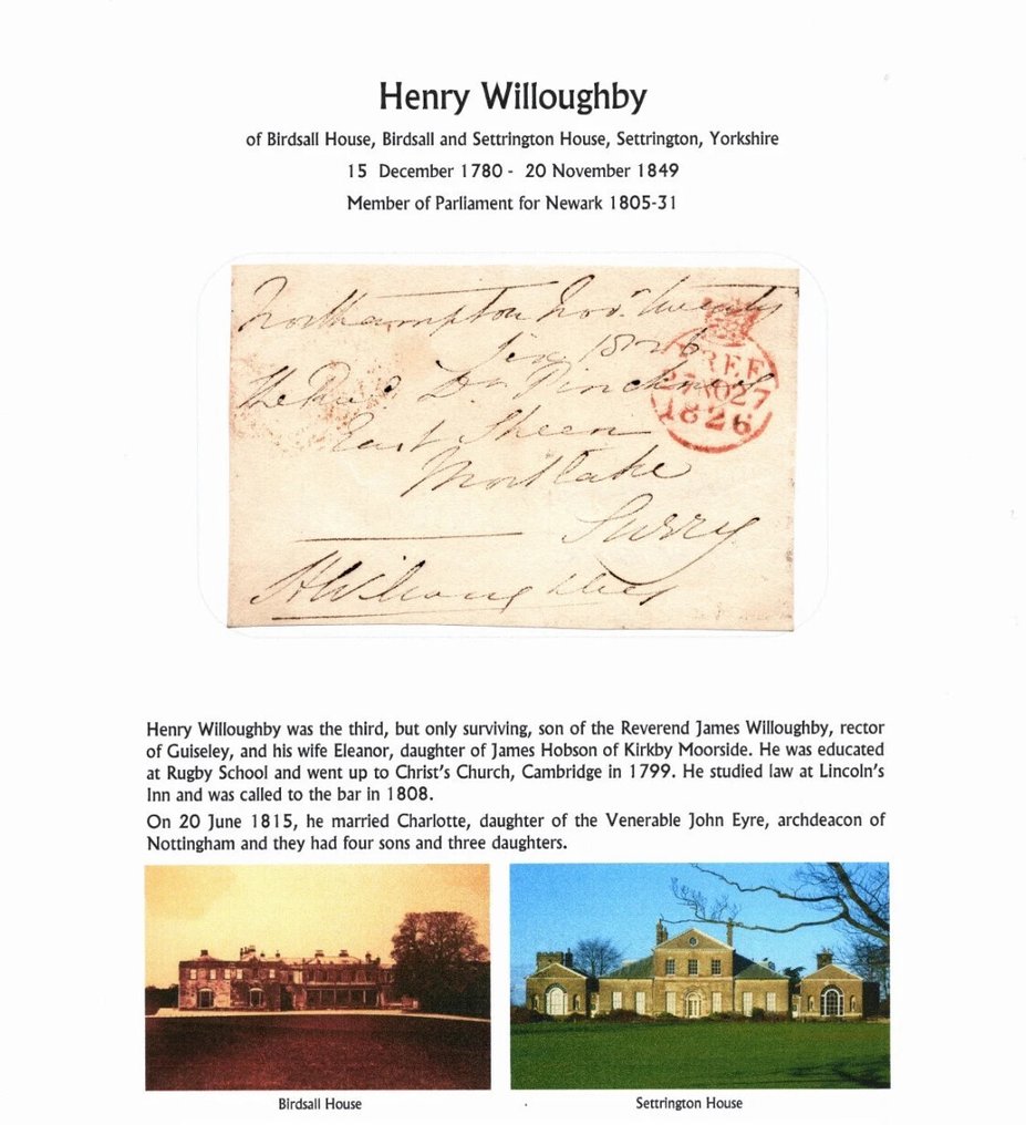 大不列顛 1826/1826 - 威洛比，亨利（1780-1849），来自约克郡马尔顿附近的Birdsall和Settrington。 #1.0