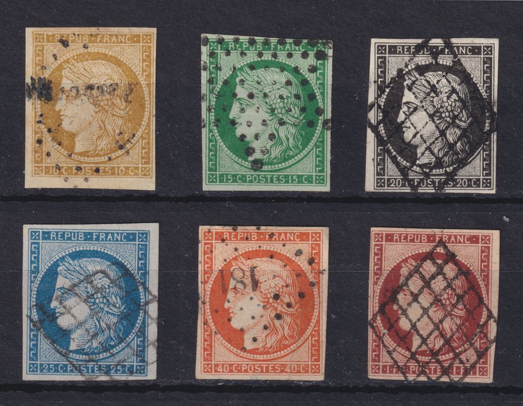 Frankrike 1849/1850 - Cérès, 1. serie, fra nr. 1 til nr. 6 oblitert, hvorav signert Calves. Veldig vakkert. - Yvert #1.0