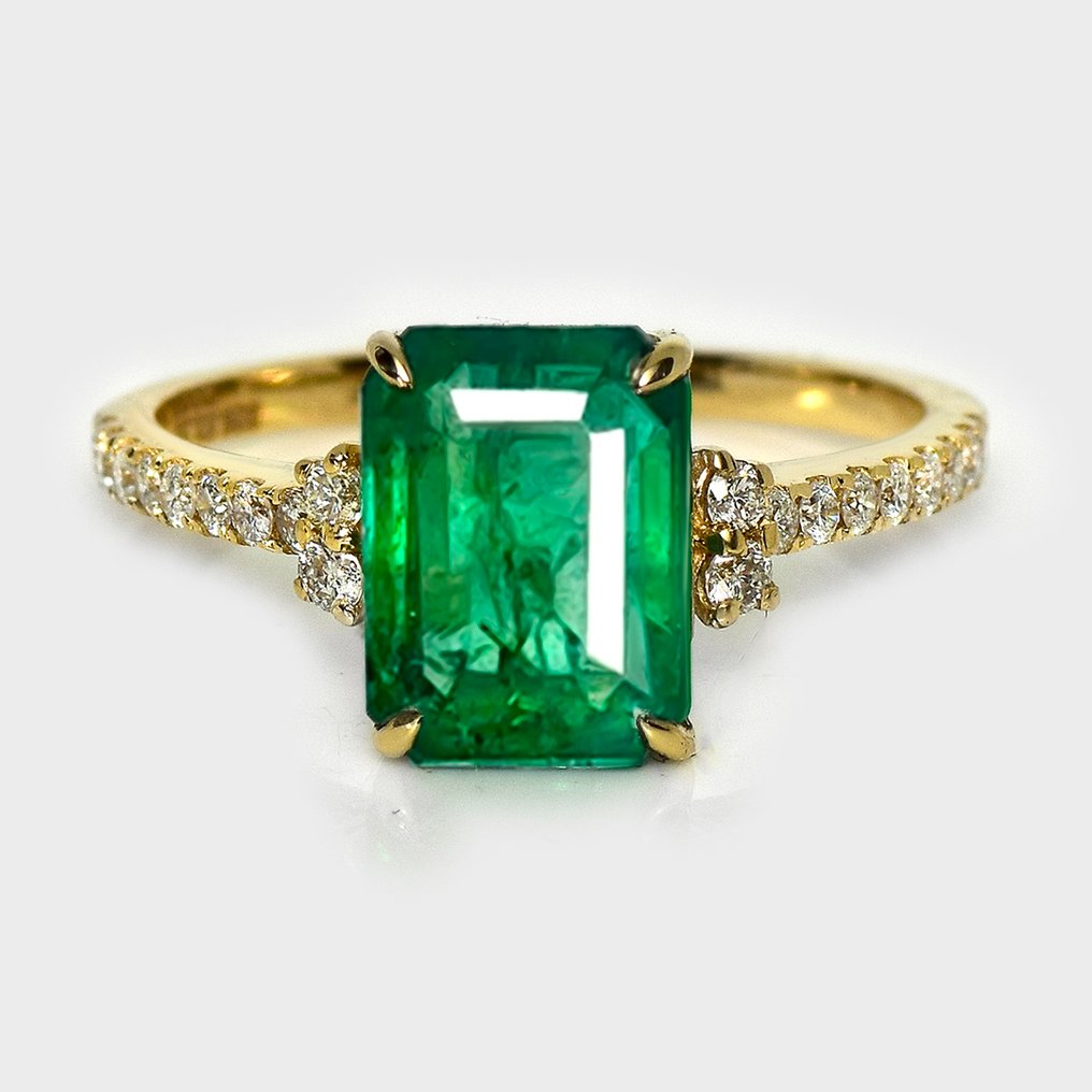 没有保留价 - 戒指 - 14K包金 HRD 2.24 克拉 浓烈的绿色, 黄金 -  2.51ct. tw. 祖母绿 - 钻石 #1.0