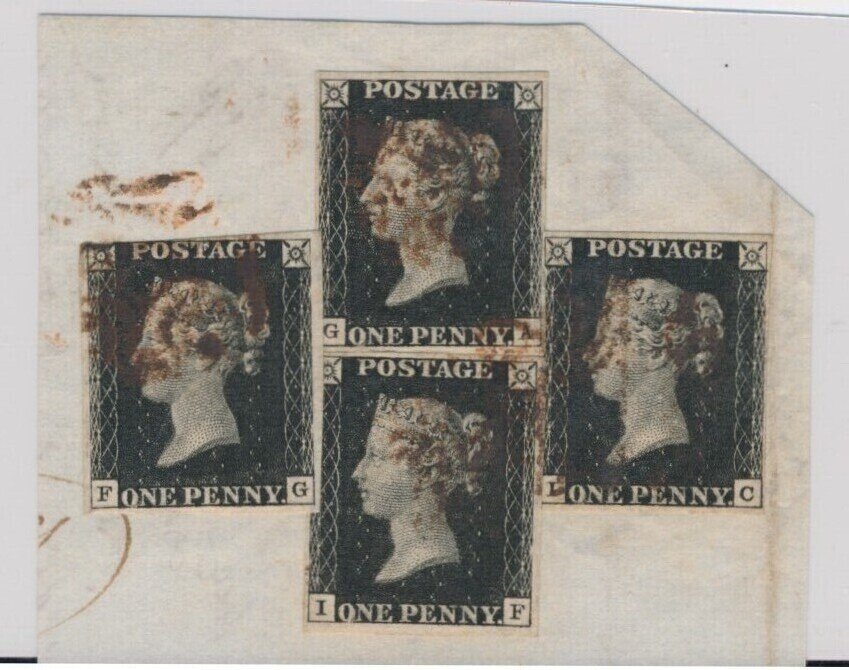 大不列顛 1840 - 黑便士邮票，8版四枚邮票在信件片上，标记为FG、GA和LC，非常具有装饰性。 - mit rotem Malteserkreuzstempel entwertet, Atteste PRSL & Brandon #1.0
