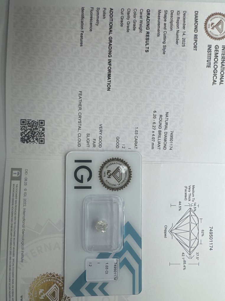 没有保留价 - 1 pcs 钻石  (天然)  - 1.03 ct - 圆形 - I - I2 内含二级 - 国际宝石研究院（IGI） #1.0