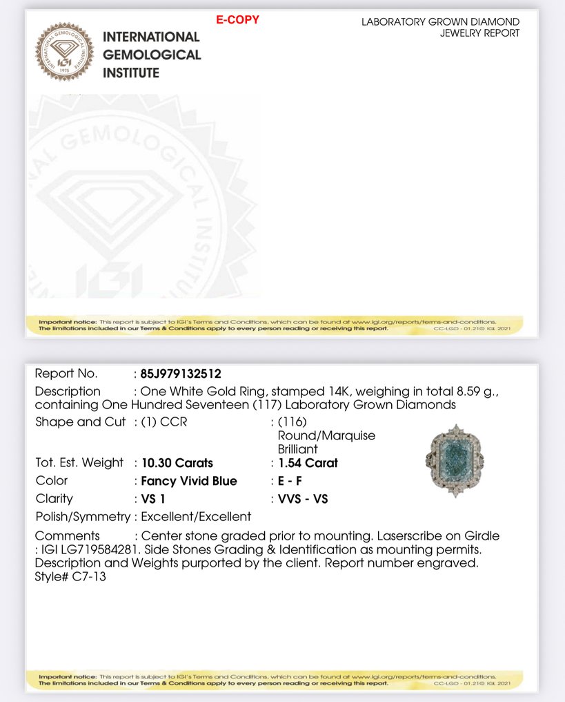 戒指 - 14 克拉 白金 -  10.30ct. tw. 藍色 鉆石 (彩色實驗室培育鑽石) - 鉆石 #2.1